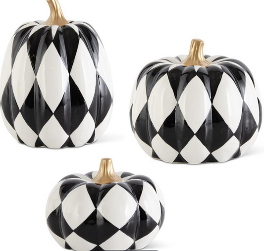 Ceramic Black & White Harlequin Pumpkin w/G