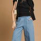 Light denim Washed Denim Pants with Fringe Hem