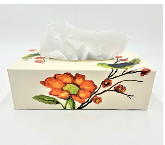 Handpainted Wood Tissue Box Cover Birds and Orange Flowers