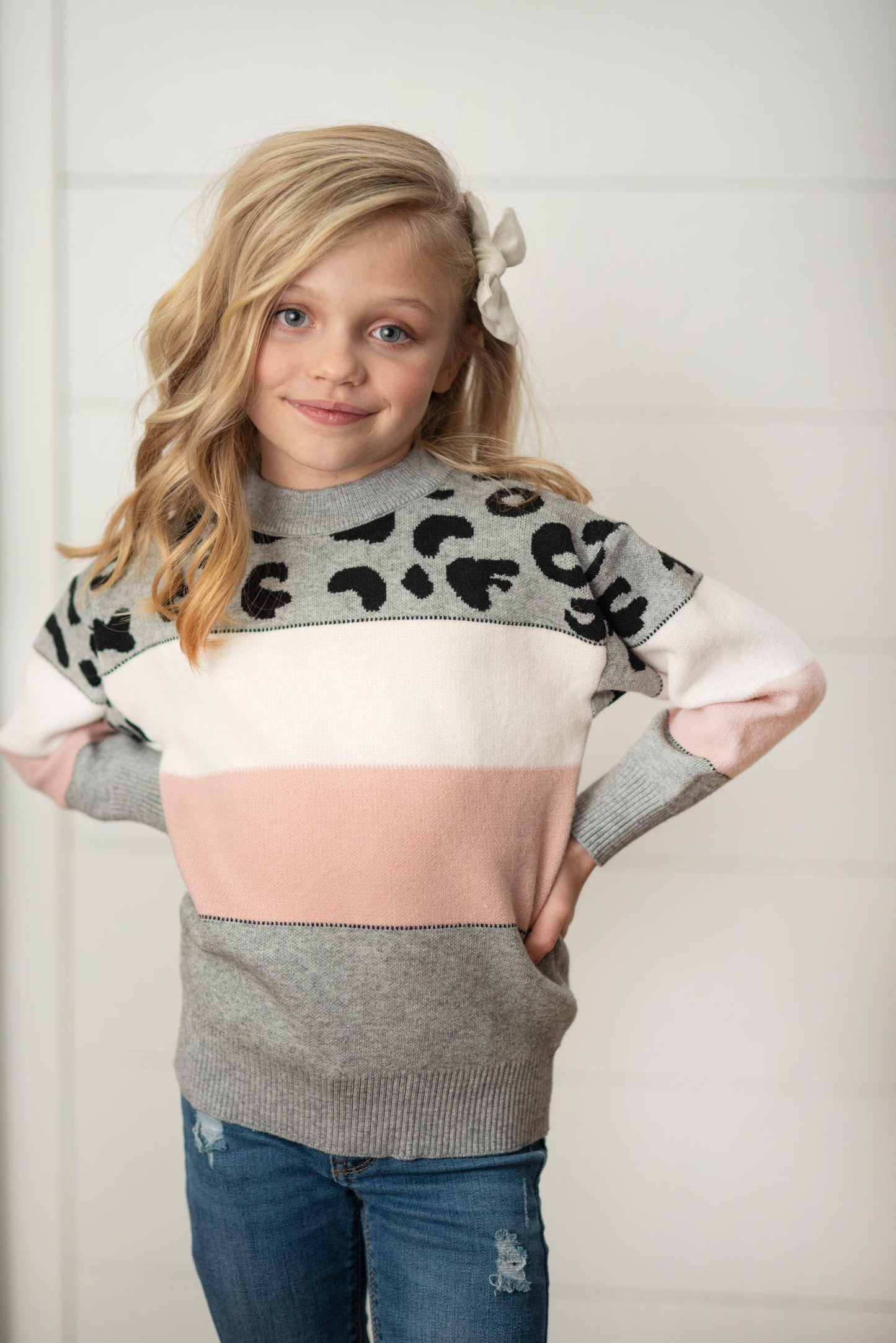 Kids Pink Gray Leopard Stripe Crew Neck Fall Winter Sweater