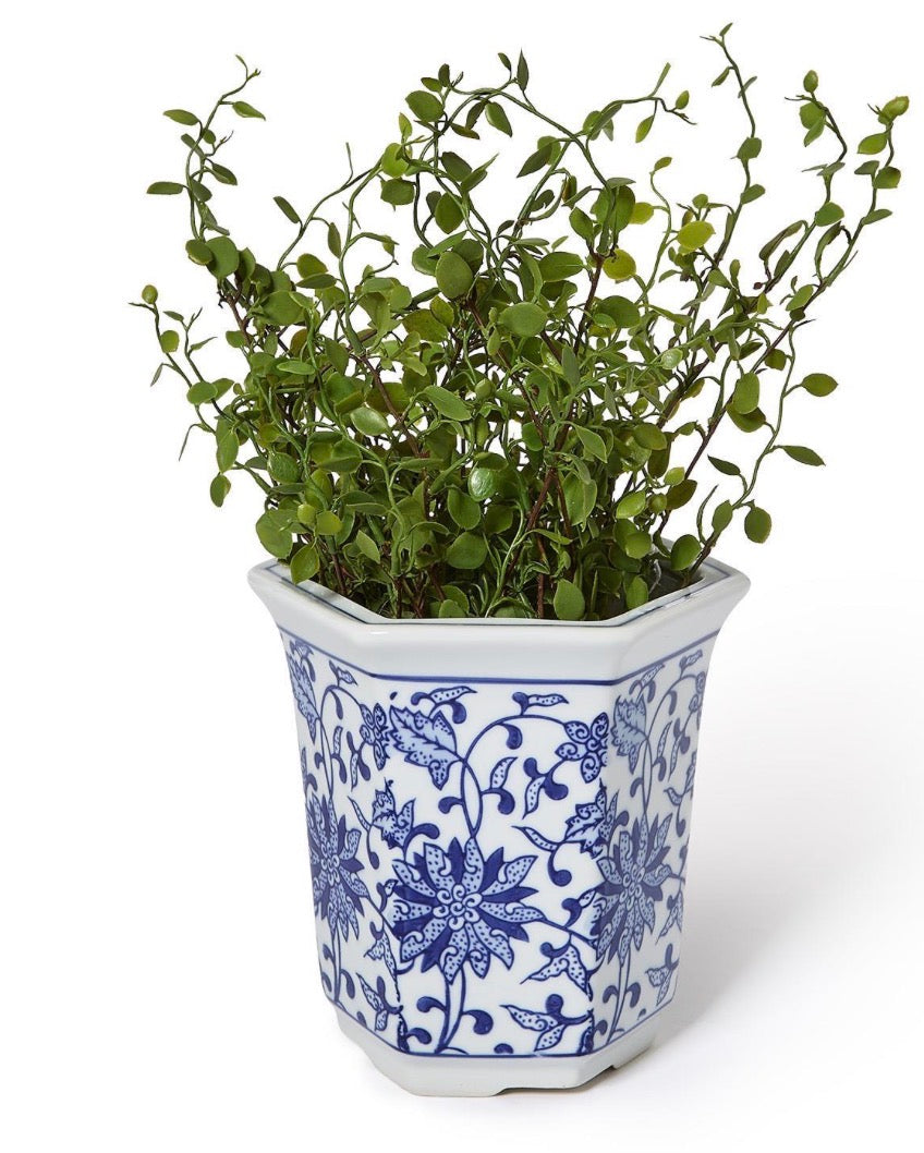 Chinoiserie Hand-Painted Blue and White Hexagon Cachepot / Vase