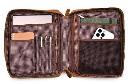 11 INCH BROWN LEATHER BIBLE COVER W/INTERNAL COMPARTMENTS & HANDLE