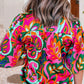 Summer plant print lace up v neck puff blouse