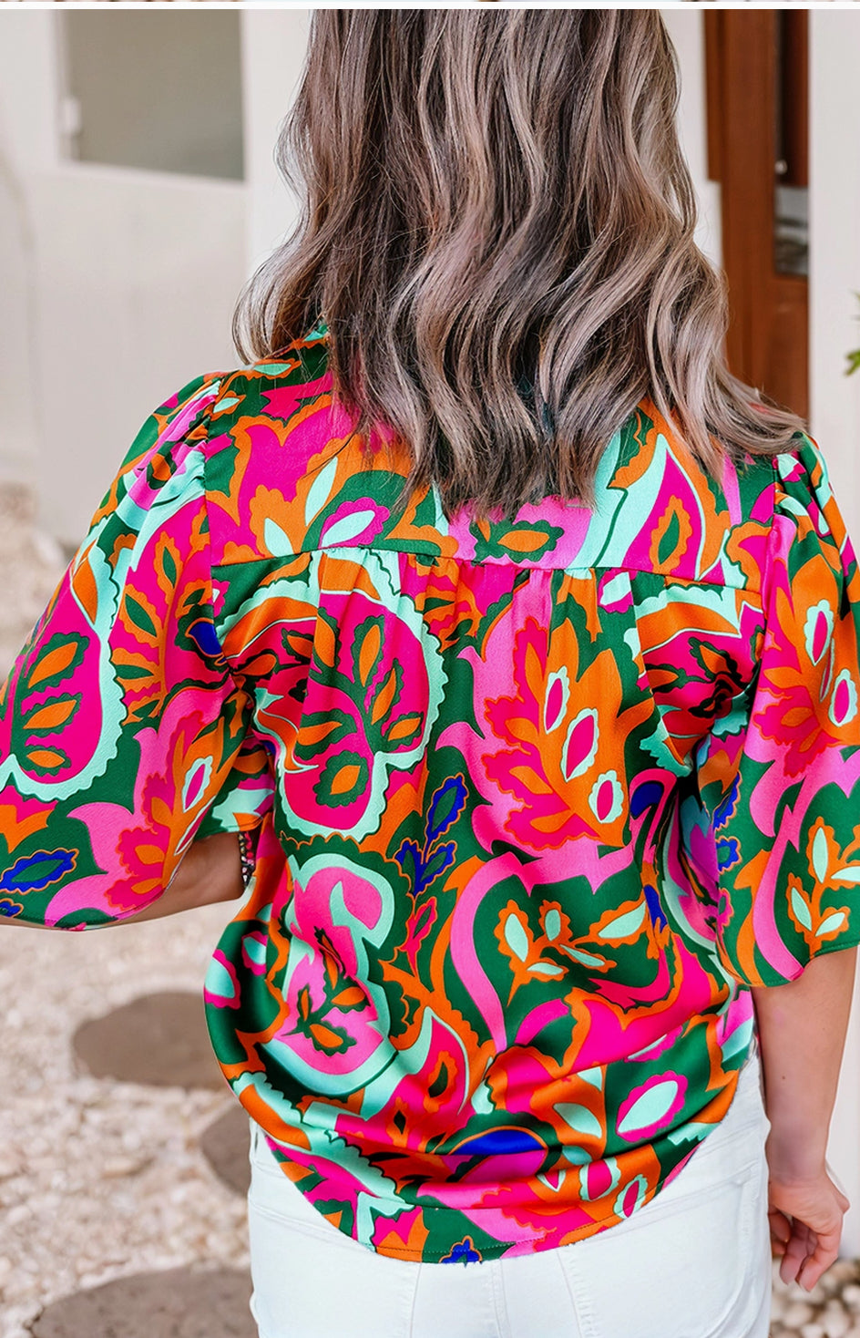 Summer plant print lace up v neck puff blouse