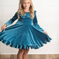 Kids Velvet Teal Ruffle Fancy Winter Christmas Holiday Dress