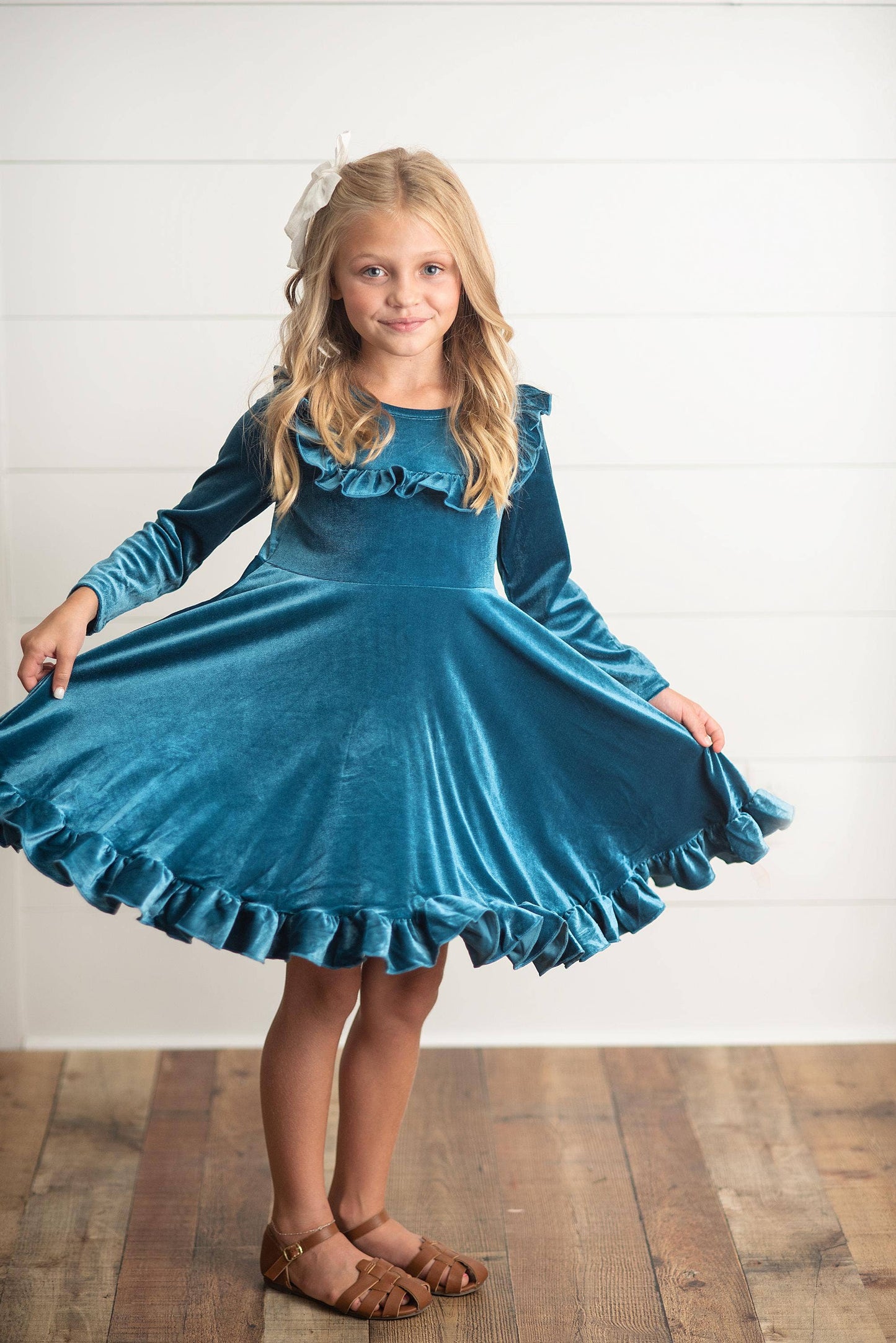 Kids Velvet Teal Ruffle Fancy Winter Christmas Holiday Dress