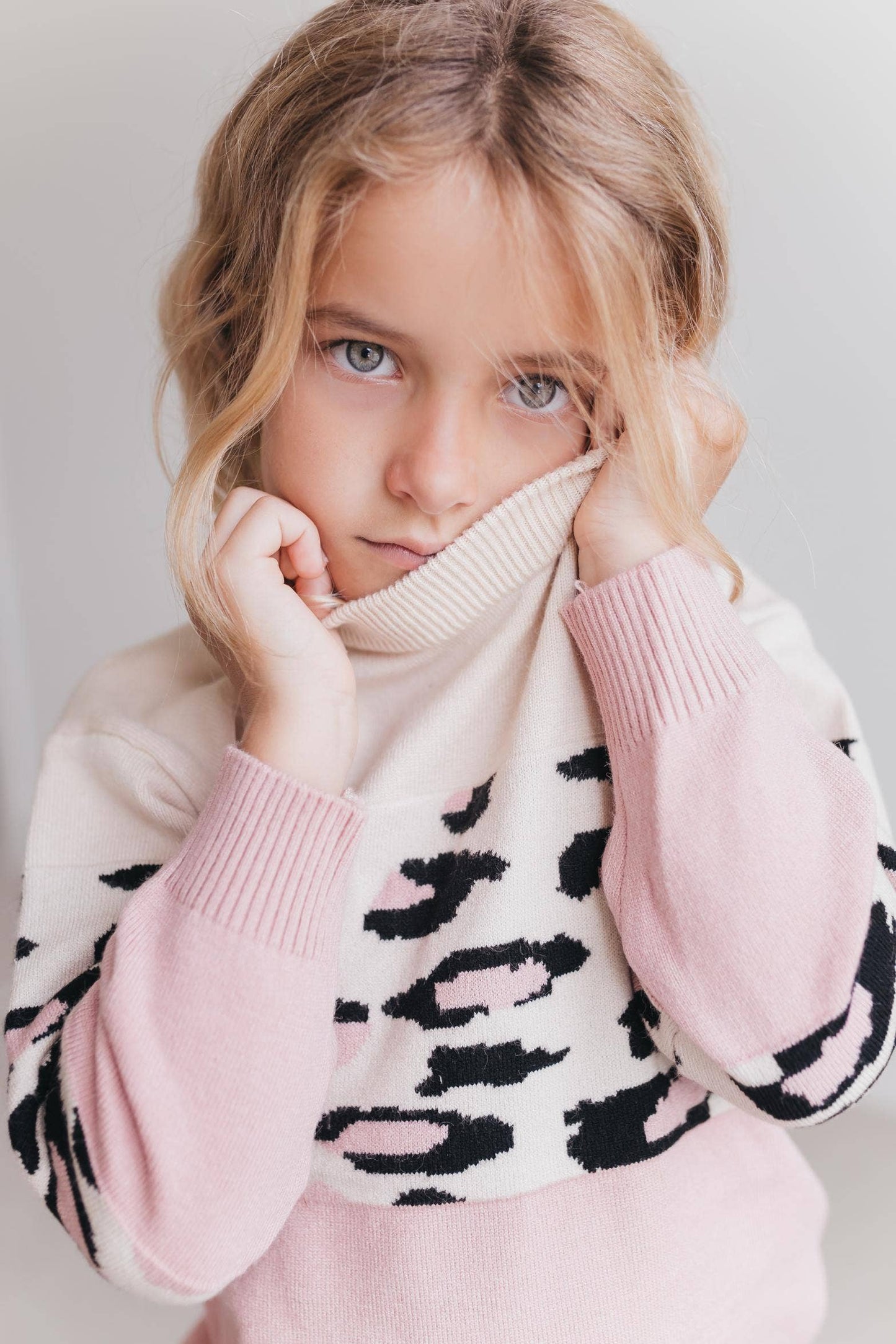 Kids Pink Cream Leopard Crew Neck Fall Winter Sweater