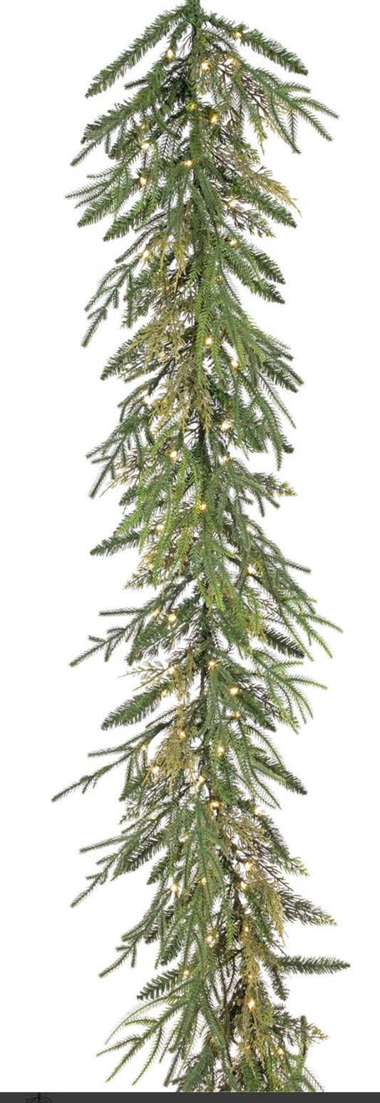 6'X14"MIXED SPINDAL FIR GARLAND W/100 WW MICRO LED