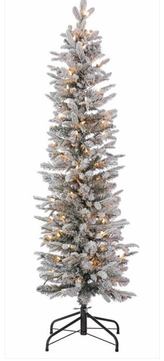 5' FROSTY PENCIL SPRUCE, FLOCKED, PRE-LIT W/100 CLEAR LIGHTS, 216 TIPS, 16" DIAMETER