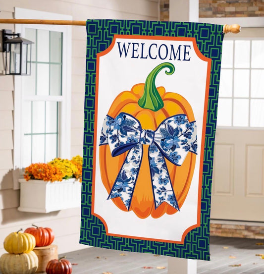 Pumpkin With Chinoiserie Bow Burlap House Flag