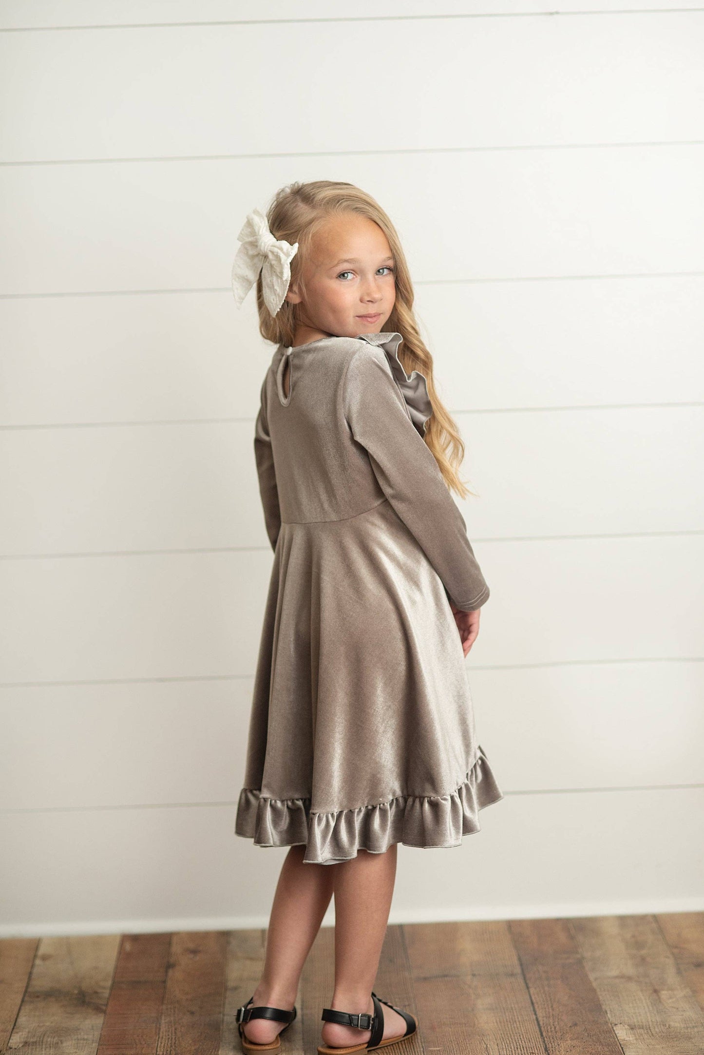 Kids Gray Silver Velvet Ruffle Fancy Christmas Party Dress