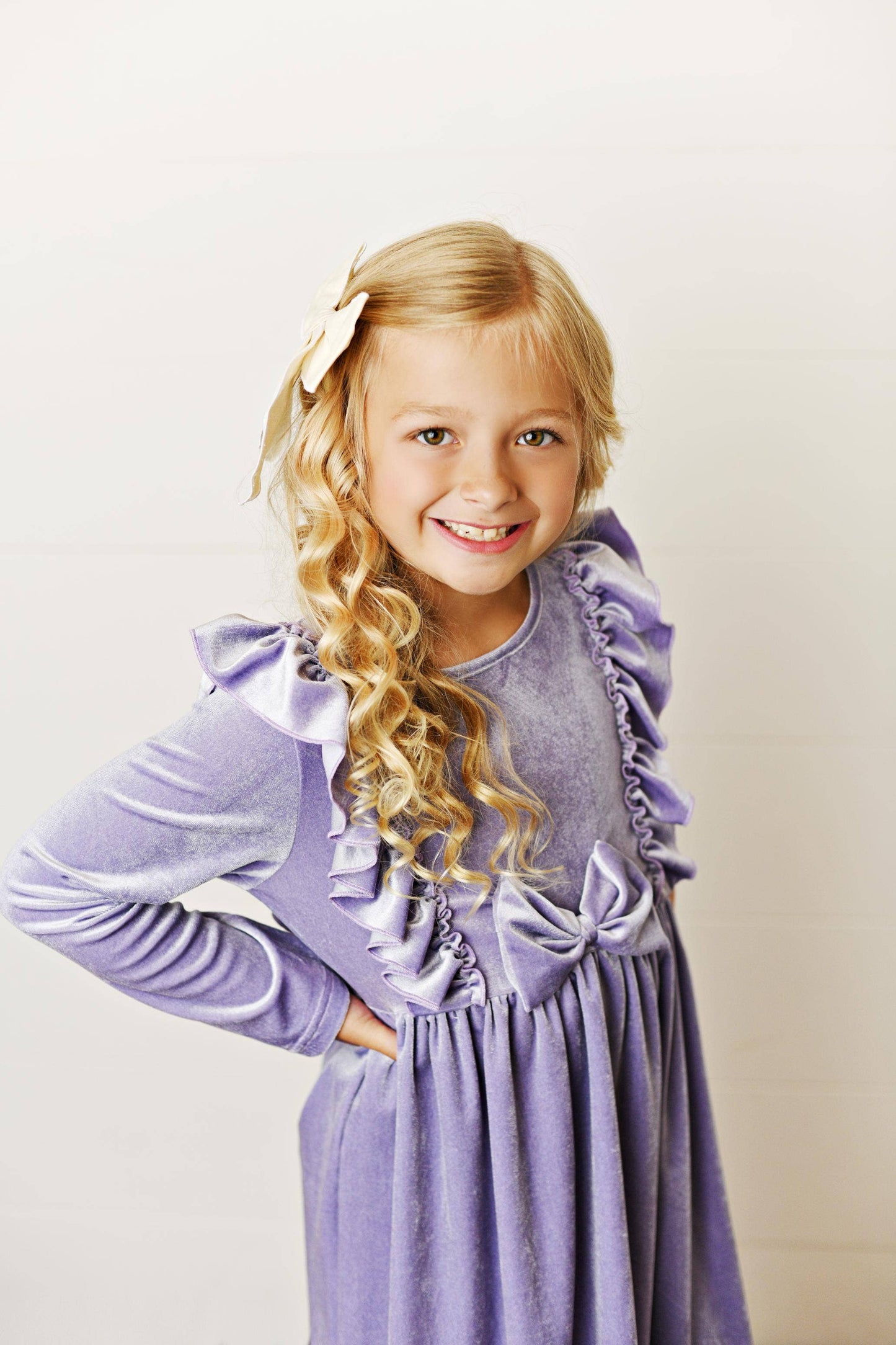 Kids Lavender Velvet bow Ruffle Fancy Holiday Party Dress