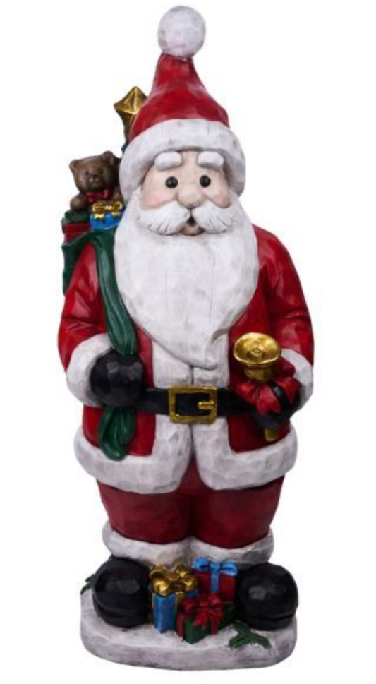 46.75"H X 19"W X 14.75" DEEP SANTA W/BELL AND SACK W/PRESENTS AND CHRISTMAS TREE, ON SNOW BASE