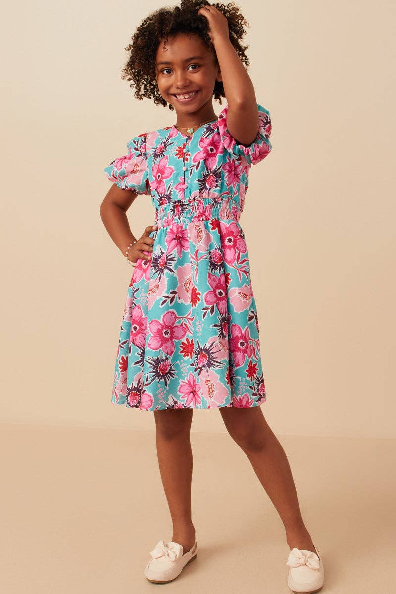 Girls Floral Print Smocked Waist Button Detail Dress