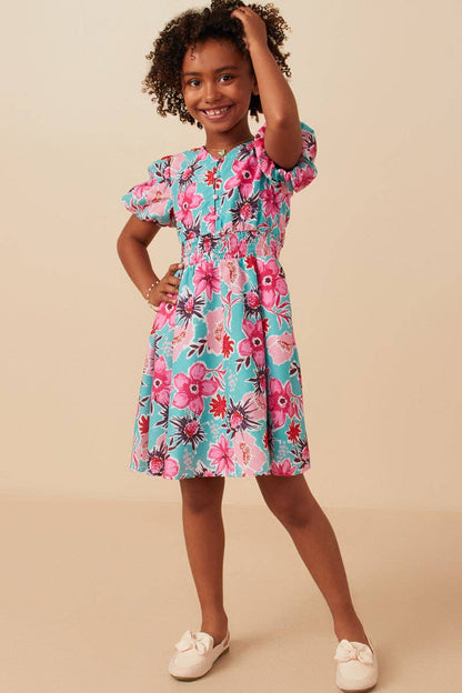 Girls Floral Print Smocked Waist Button Detail Dress
