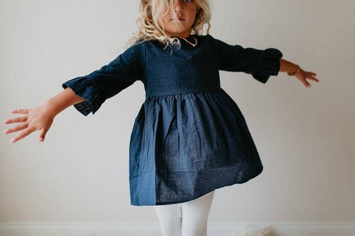 Kids Navy Blue Ruffle Long Sleeve Shirt With Buttons