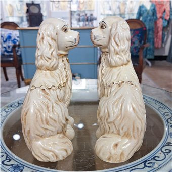 STAFFORDSHIRE DOGS W/ GOLD CHAIN-ANTIQUE CREAM -PAIR