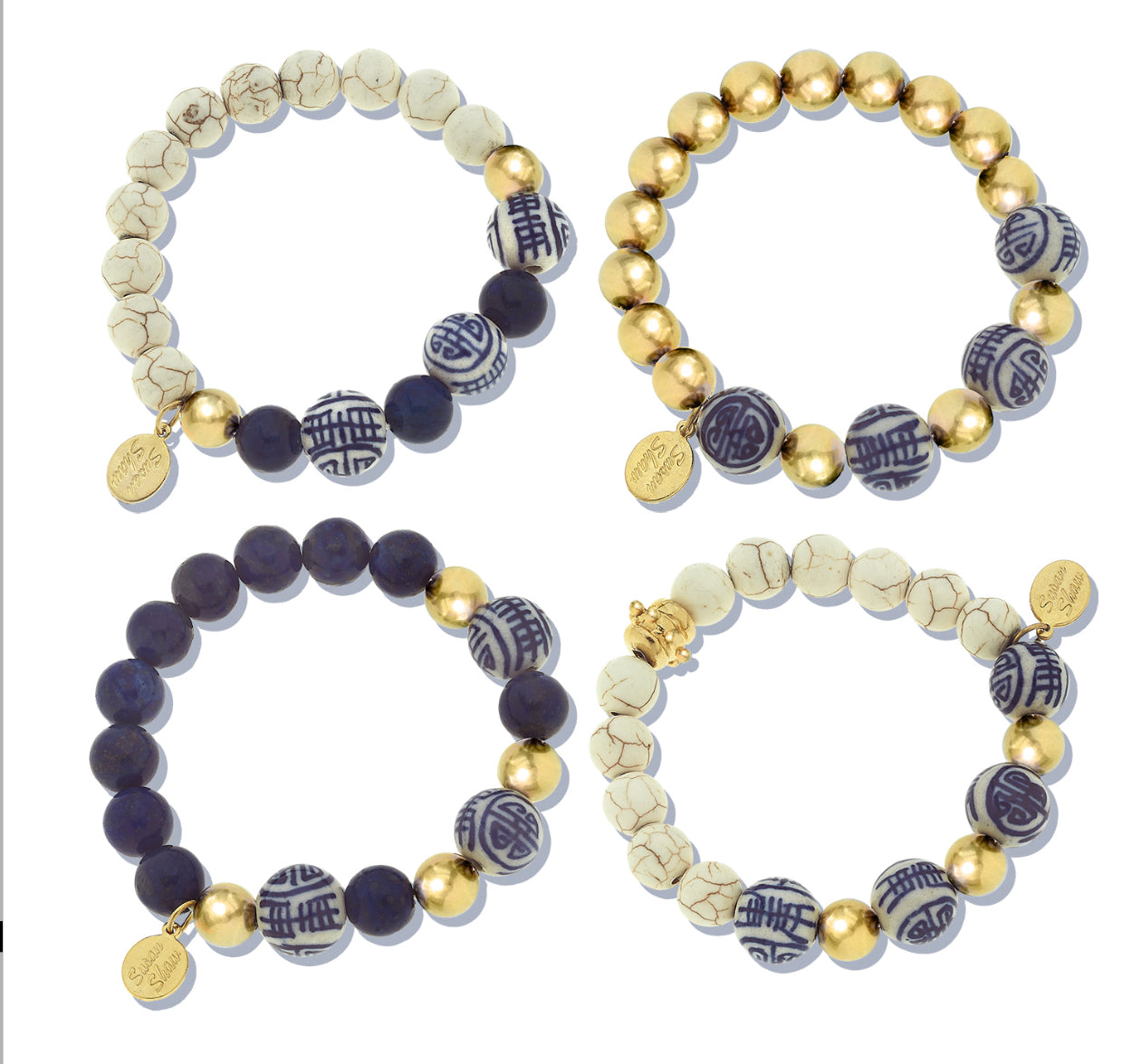 Lapis&blue&white handpainted porcelain stretch bracelet