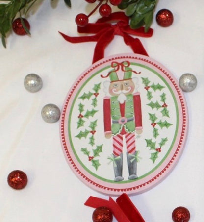 4.5x6" Nutcracker Ornament with Glitter, and Velvet Ribbon