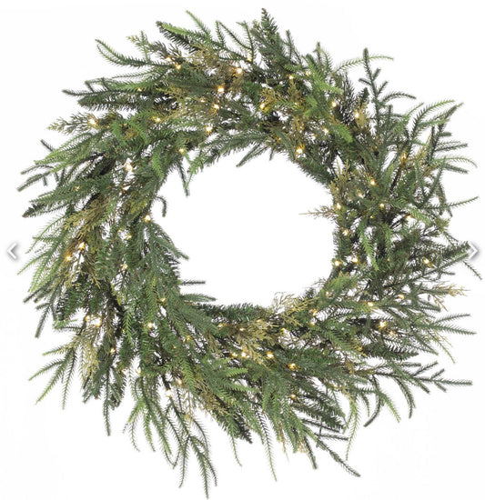 30" MIXED SPINDAL PINE WREATH W/150 WW MICRO LED