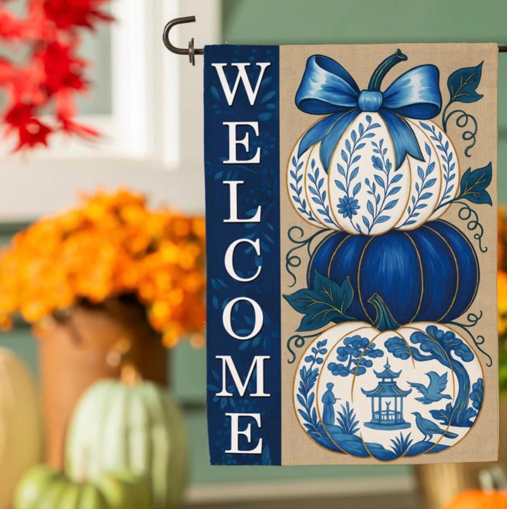 Chinoiserie Welcome Pumpkin Burlap Garden Flag