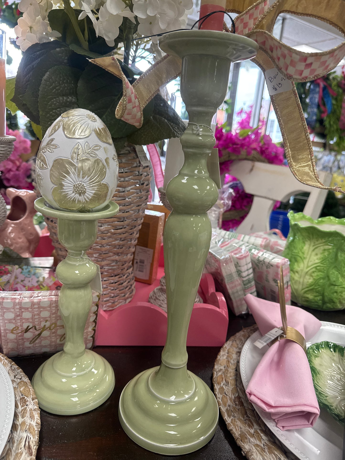 Metal Enamel Sage Candlesticks