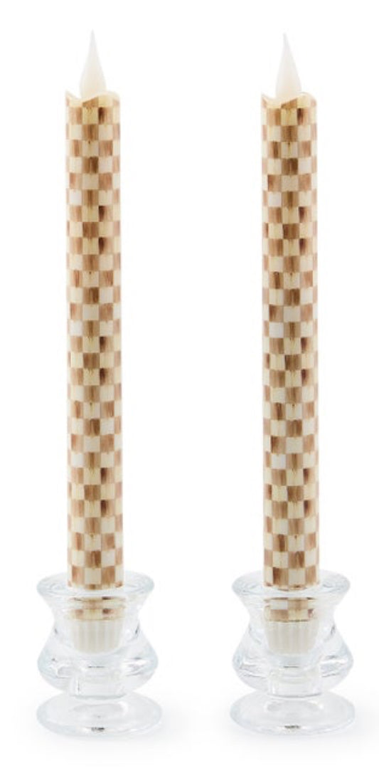 Mocha Check Flameless Dinner Candles, Set Of 2