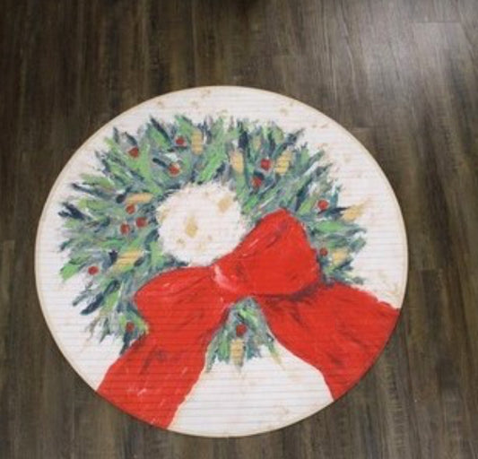 36" Round Bamboo Mat, Wreath with Red Bow