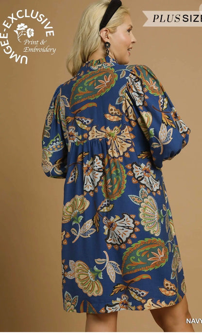 Abstract Print Puff Sleeve Babydoll Dress
