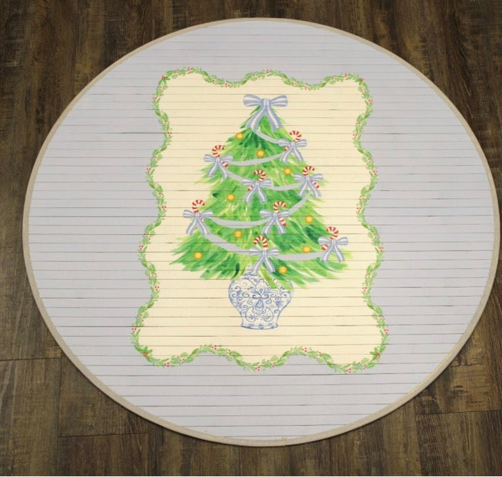 35" Round Bamboo Mat, Tree with Blue Bows in Chinoiserie Pot