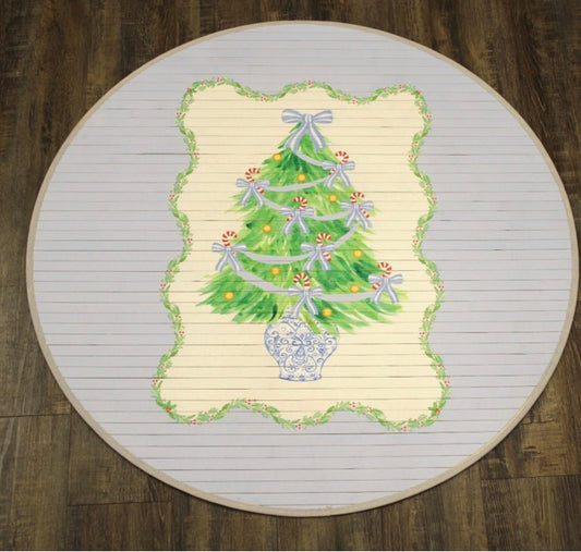35" Round Bamboo Mat, Tree with Blue Bows in Chinoiserie Pot