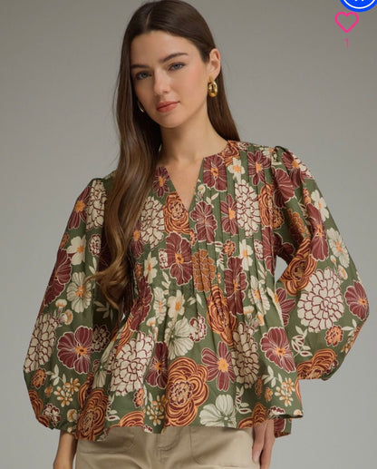 Floral print split neck top