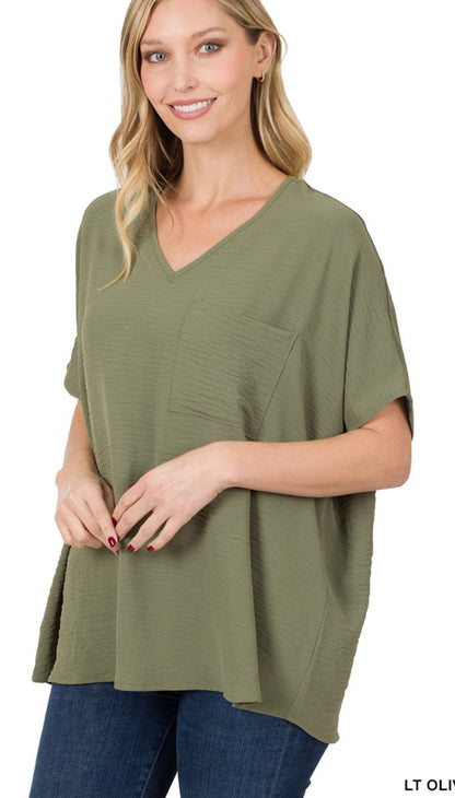 Woven Airflow V-neck Dolman Short Sleeve Top