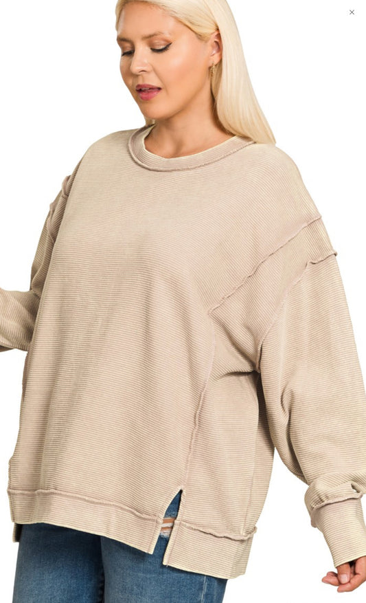 Plus Acid Washed Double Ribbed Expsd-seam Pullover