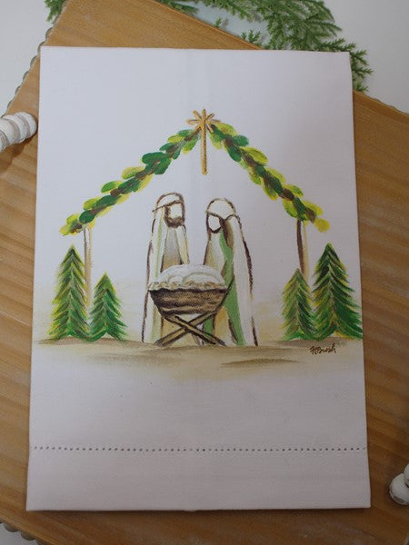 Hand painted tea towel, Evergreen nativity