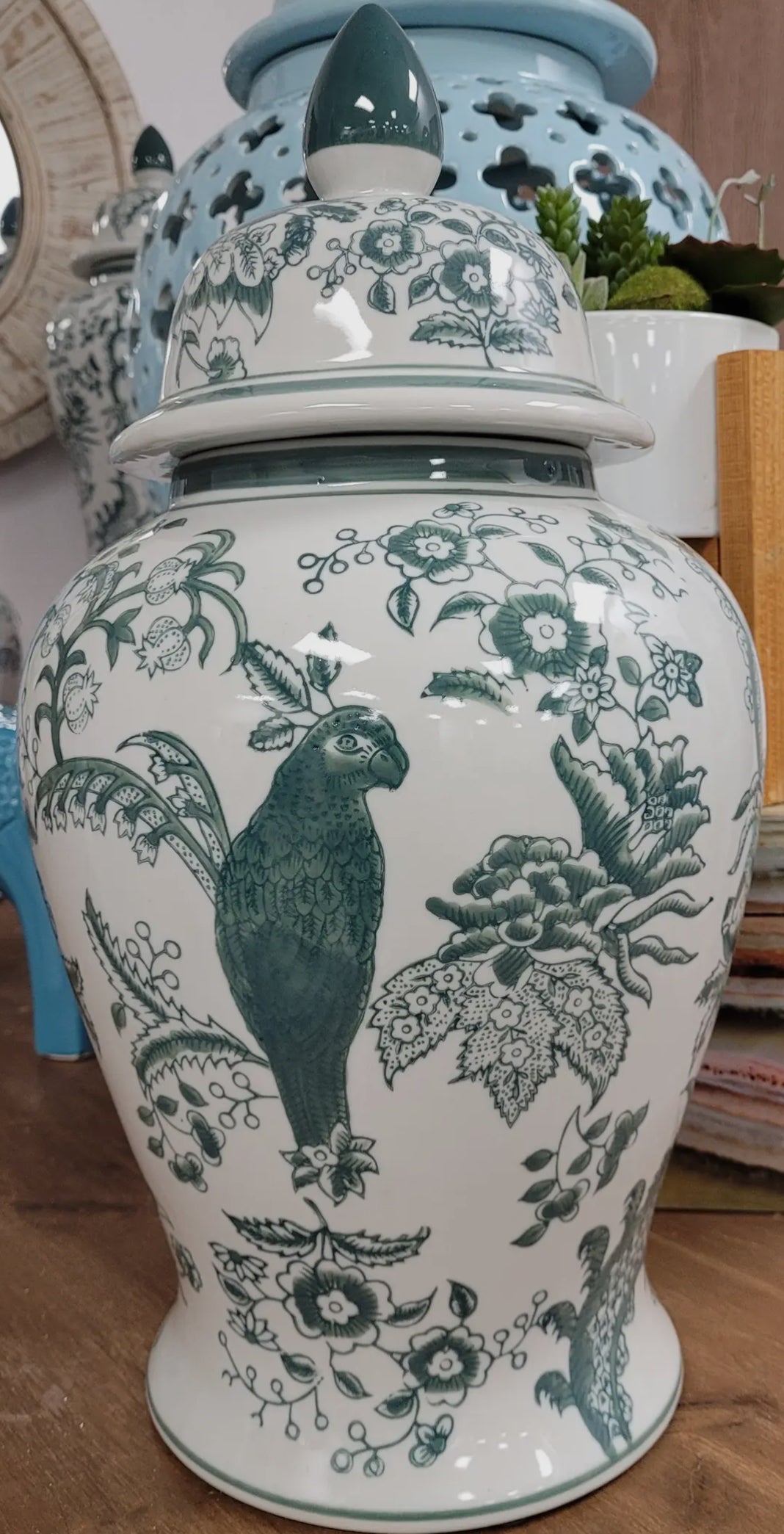 Jasper green parrot ceramic jar