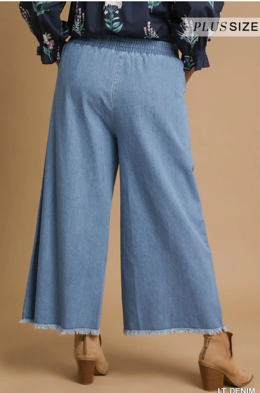 Washed Denim Pants with Fringe Hem