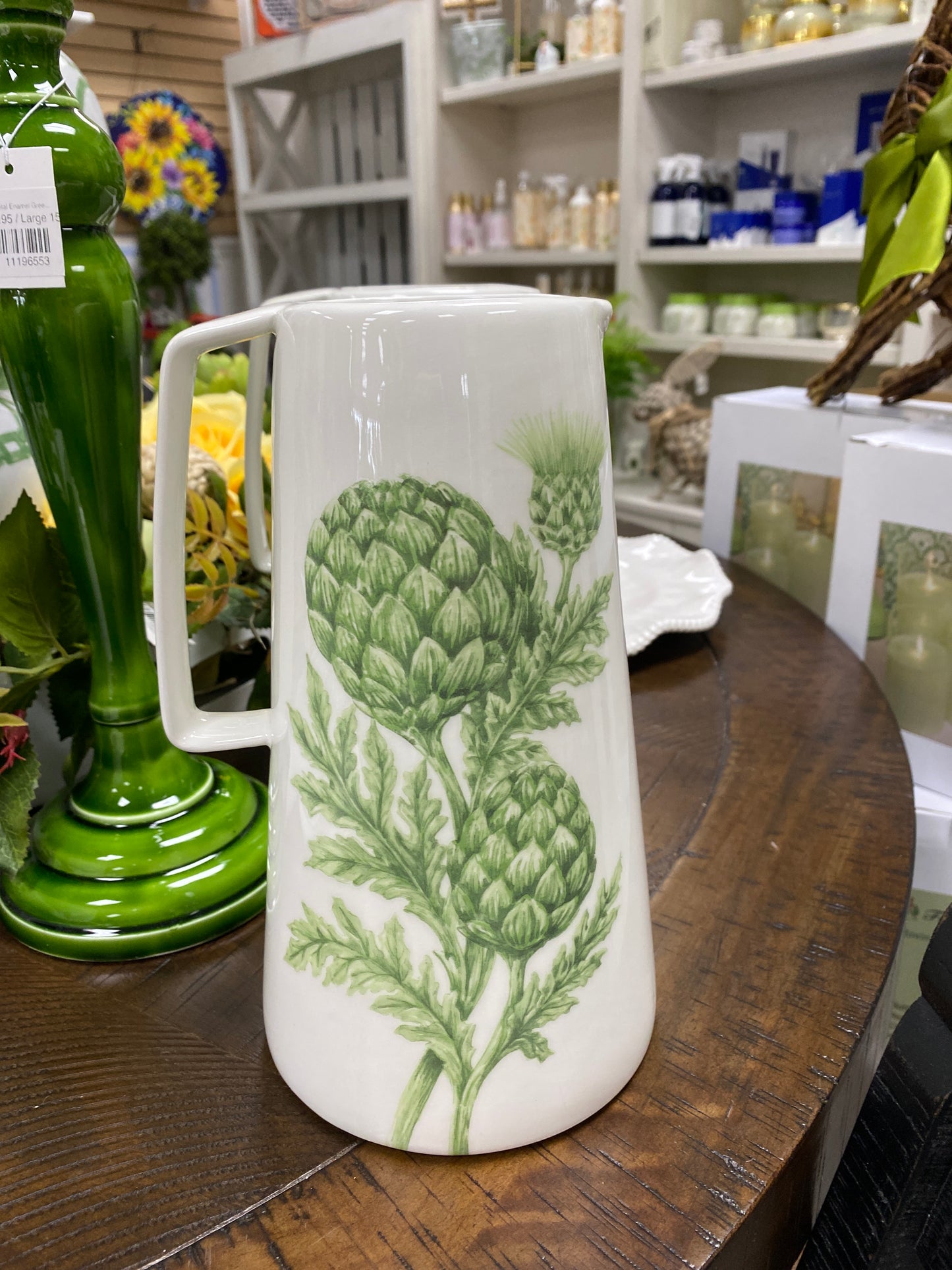 9” white Dolomites pitcher with green artichokes