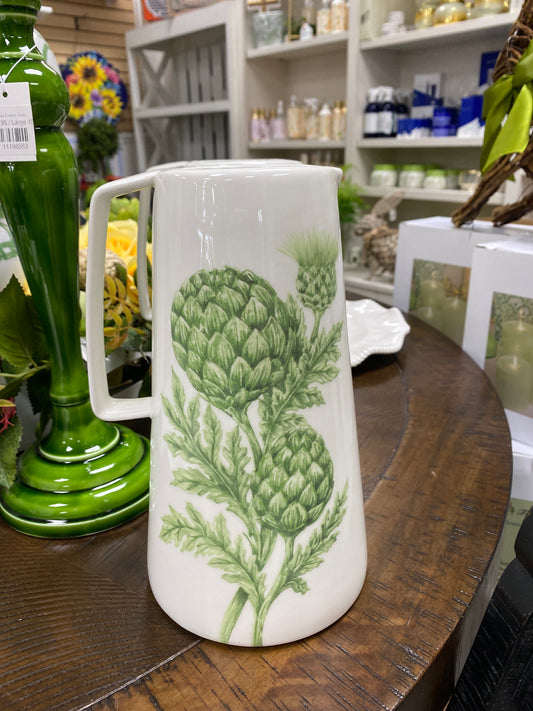 9” white Dolomites pitcher with green artichokes
