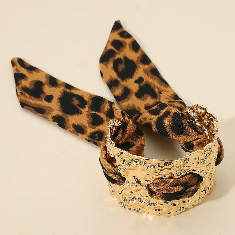 Leopard Print Fabric Scarf Bold Hammered Metal Cuff Bracelet