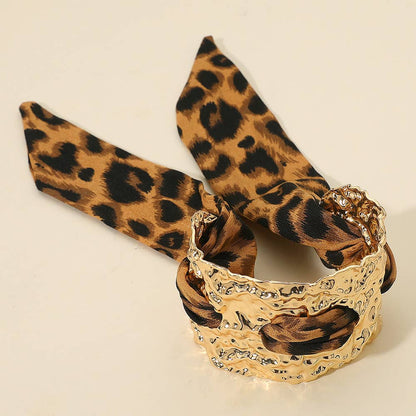 Leopard Print Fabric Scarf Bold Hammered Metal Cuff Bracelet
