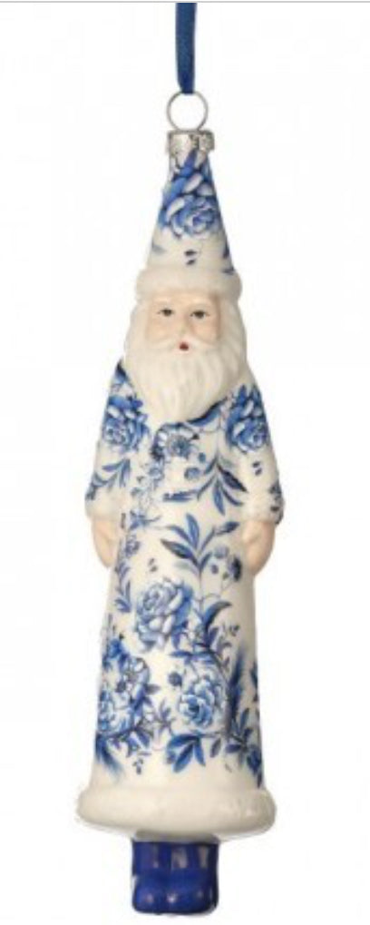 8" GLASS FLORAL PRINT SANTA ORNAMENT