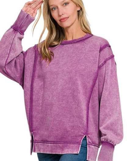 Acid Wash Exposed-seam Fleece Sweatshirt