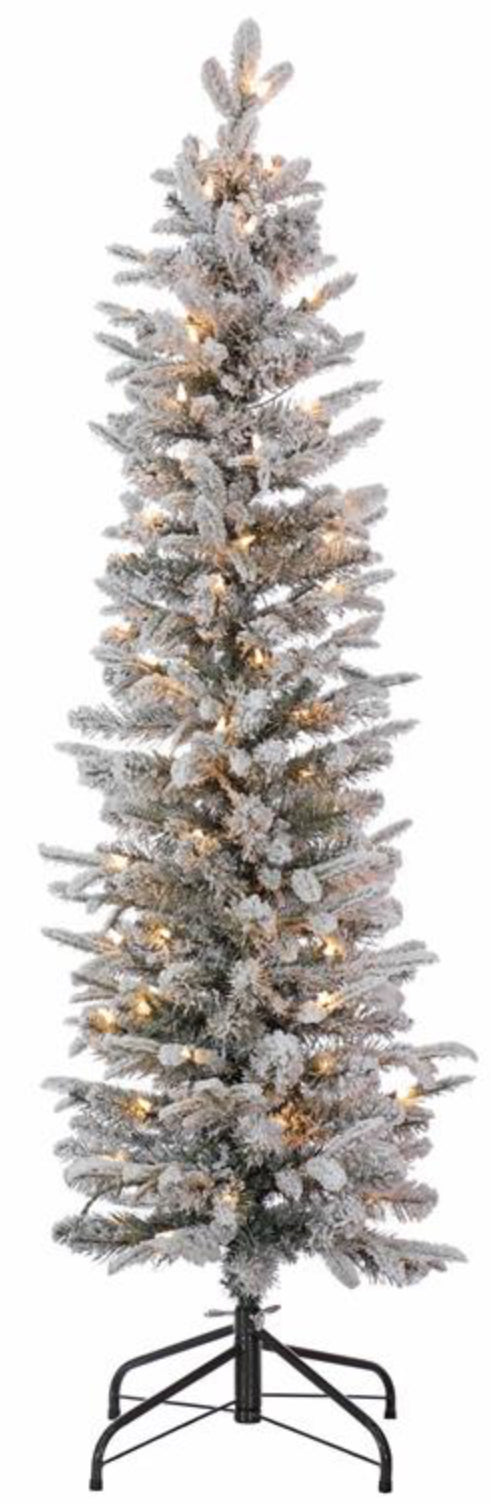 7' FROSTY PENCIL SPRUCE, FLOCKED, PRE-LIT W/200 CLEAR LIGHTS, 917 TIPS, 26" DIAMETER