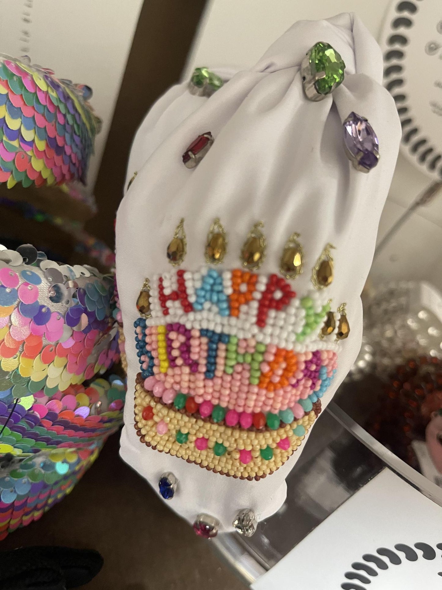 white happy birthday beaded headband