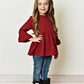 Kids Red Plum Ruffle Long Sleeve Winter Shirt With Buttons