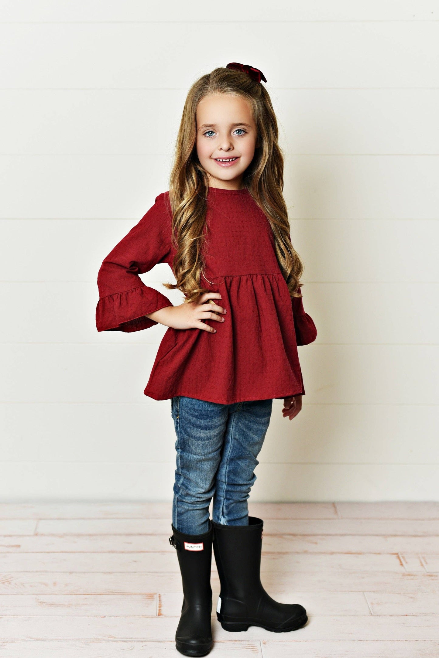 Kids Red Plum Ruffle Long Sleeve Winter Shirt With Buttons