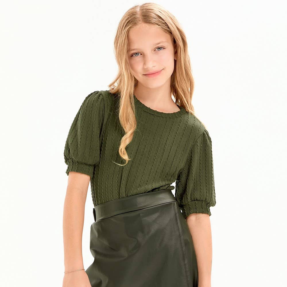 Embossed Knit Short Puff Sleeves Top