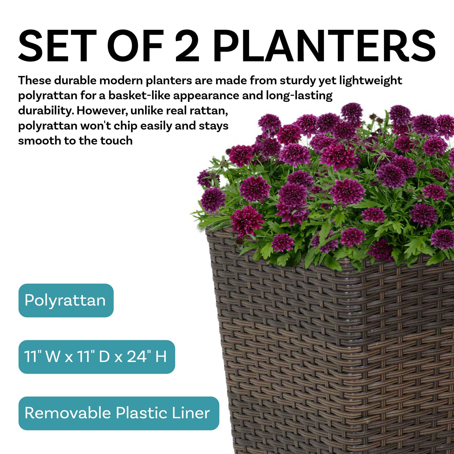 24 in Polyrattan Tall Square Planter - Brown