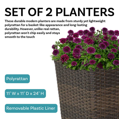 24 in Polyrattan Tall Square Planter - Brown